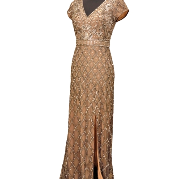 Adrianna Papell Embroidery Sequins Beaded Evening Wedding or Prom Gown - Picture 4 of 16